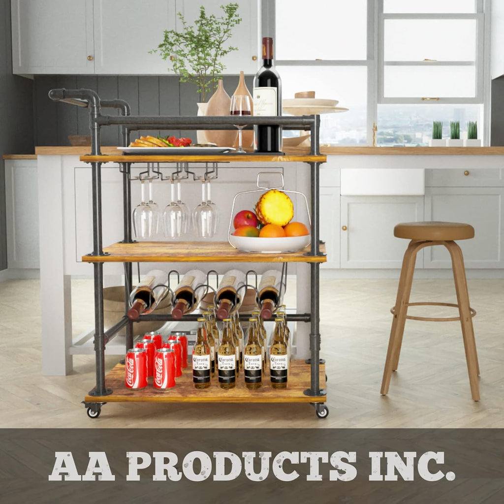 AA Products Inc. 3-Tier Industrial Bar Cart with Wheels and Wine Rack C3454