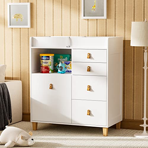 Baby Changing Table Dresser, 33.5" Baby Nursery Dresser with Drawers & Shelf, Wooden Storage Dresser Chest w/Changing Station for Infant Kids Bedroom, White