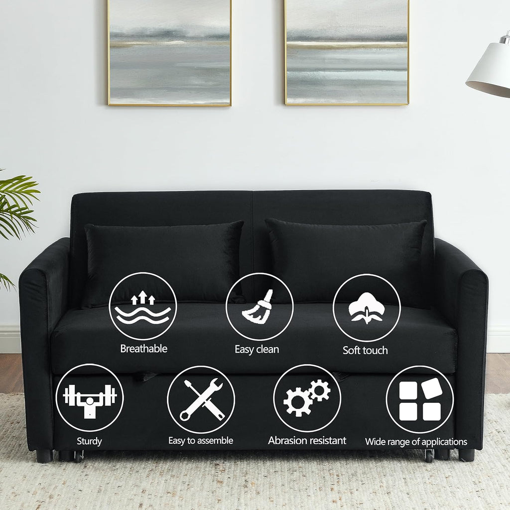 54 Inch Convertible Sleeper Sofa Velvet Loveseat with Pullout Bed, Black Q87897