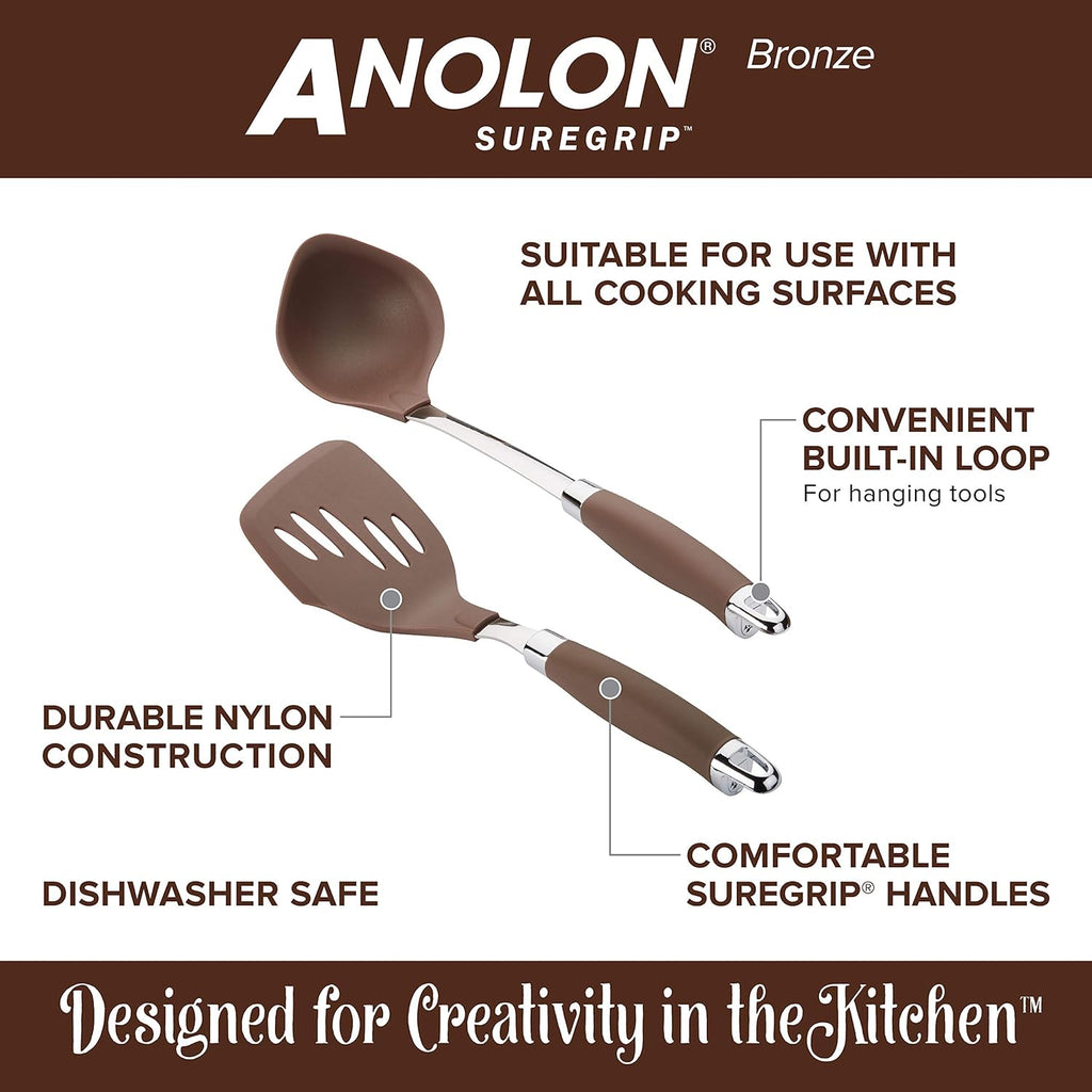 Anolon SureGrip Nonstick Kitchen Utensil Set, 6 Piece, Bronze Brown N992617