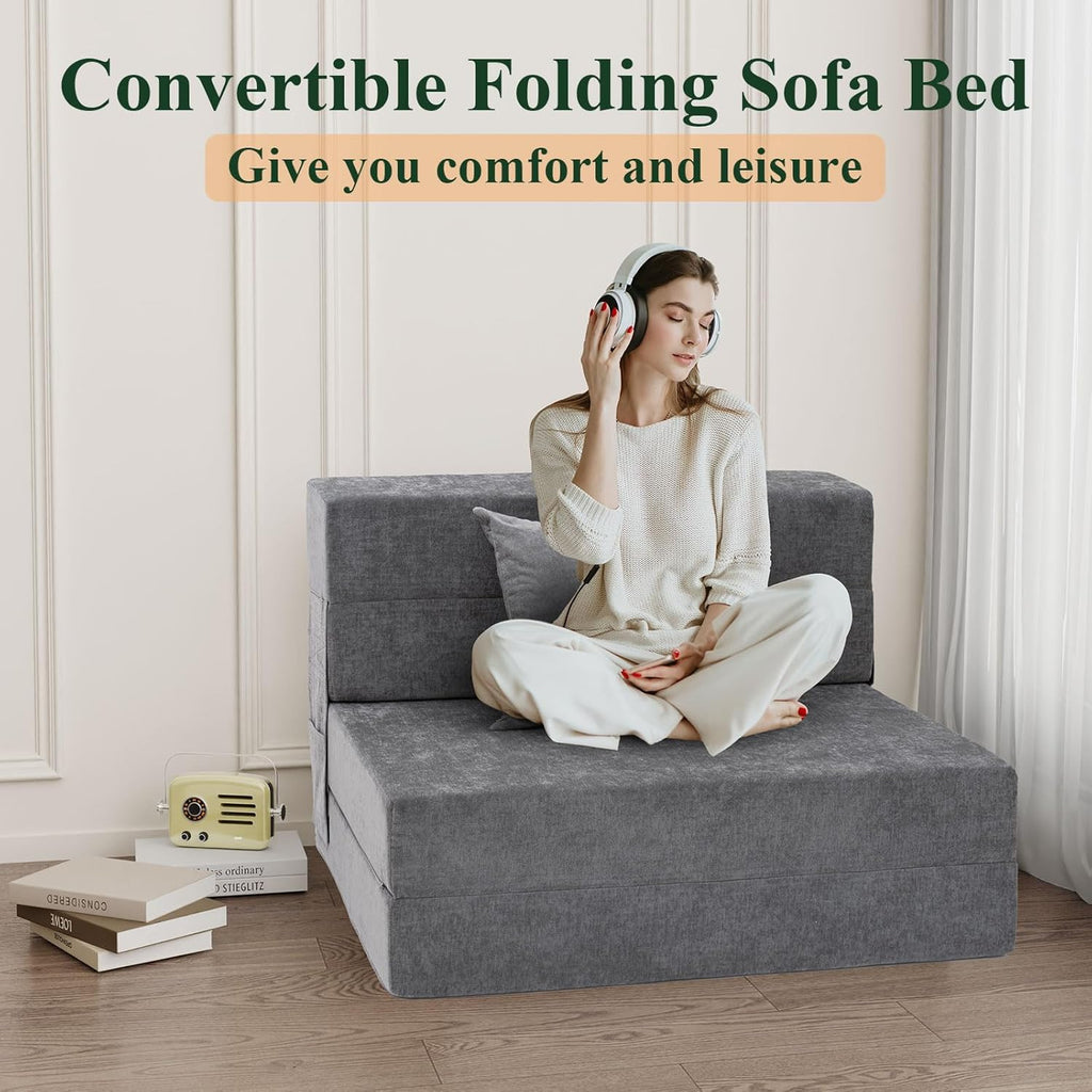 Folding Sofa Bed Convertible Sleeper Chair with Pillow, Gray L576356