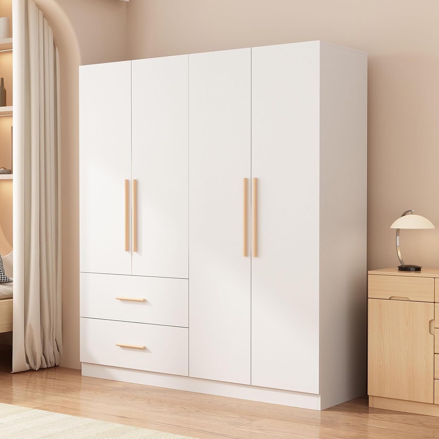 Tall Wooden Wardrobe Armoire 4-Door 2-Drawer White Y702
