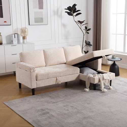 Sleeper Sectional Sofa with Storage Chaise, L Shape Chenille Pull Out Sofa Bed, Beige A24547
