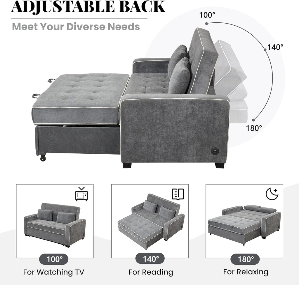 3 in 1 Pull Out Sofa Bed with Adjustable Backrest and USB Charging Port K98421