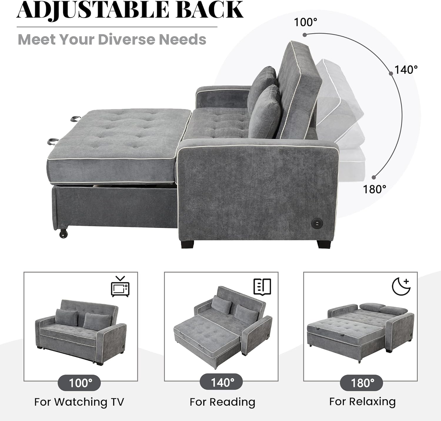 3 in 1 Pull Out Sofa Bed with Adjustable Backrest and USB Charging Port K98421