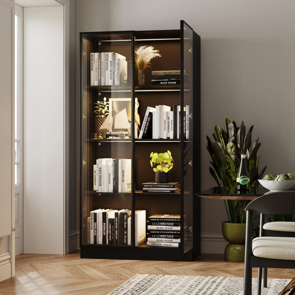 Display Cabinet with Glass Doors & Lights, 4-Tier, Black L5511