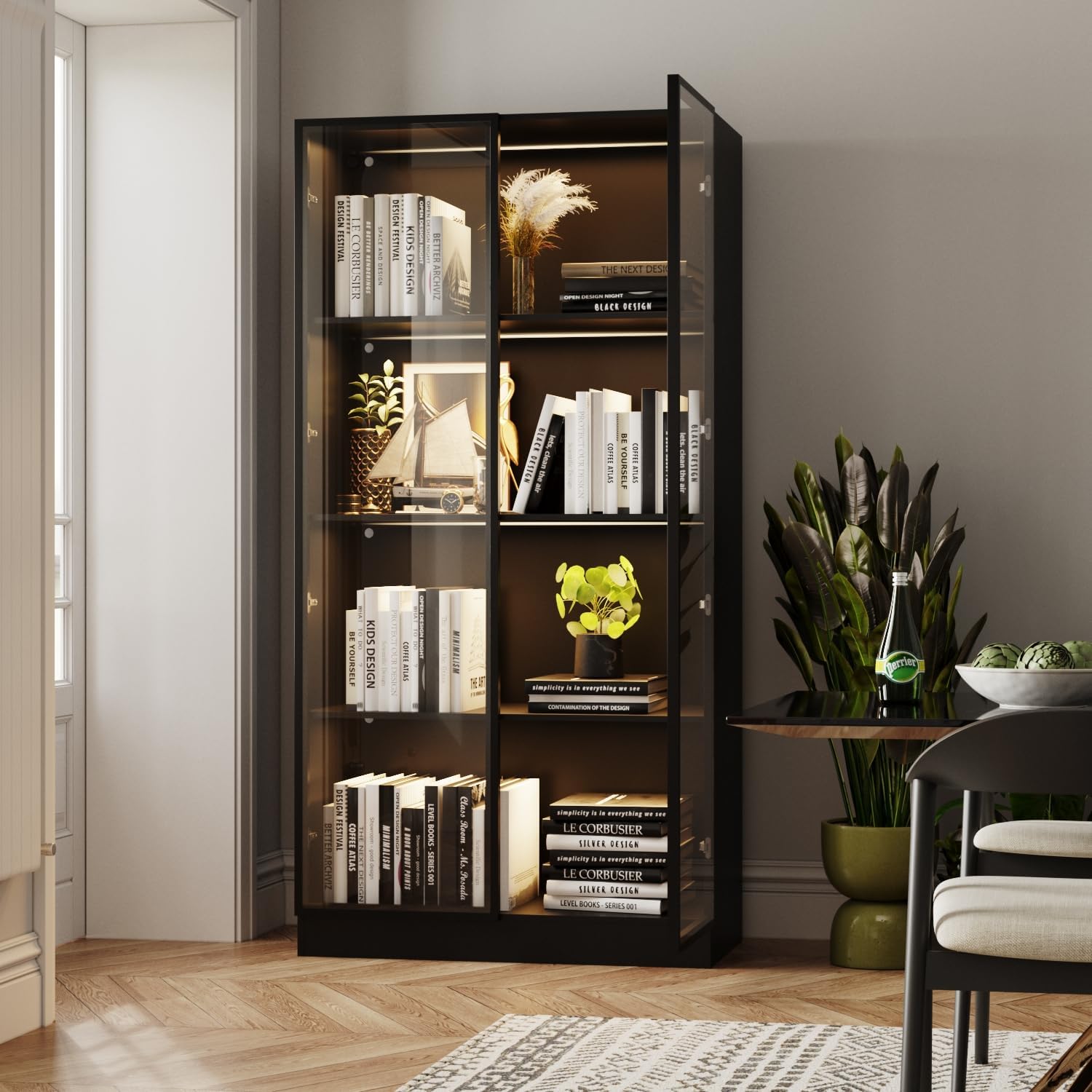 Display Cabinet with Glass Doors & Lights, 4-Tier, Black L5511