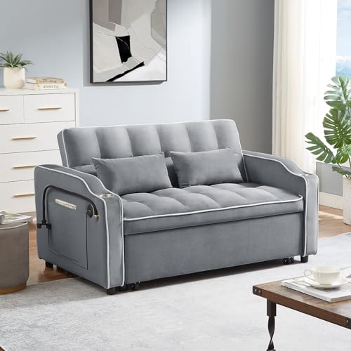 3-in-1 Velvet Pull Out Couch in 3 Lengths,with Adjustable Backrest, Storage Pockets & Pillows Convertible Sleeper Sofa Bed