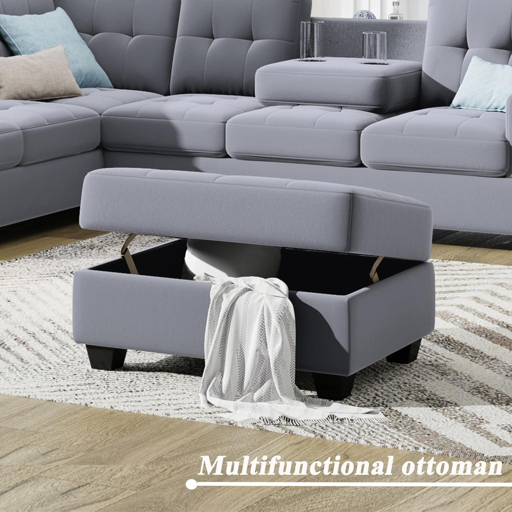 Linen Upholstered L Shaped Sofa Set with Ottoman, Light Gray S90313
