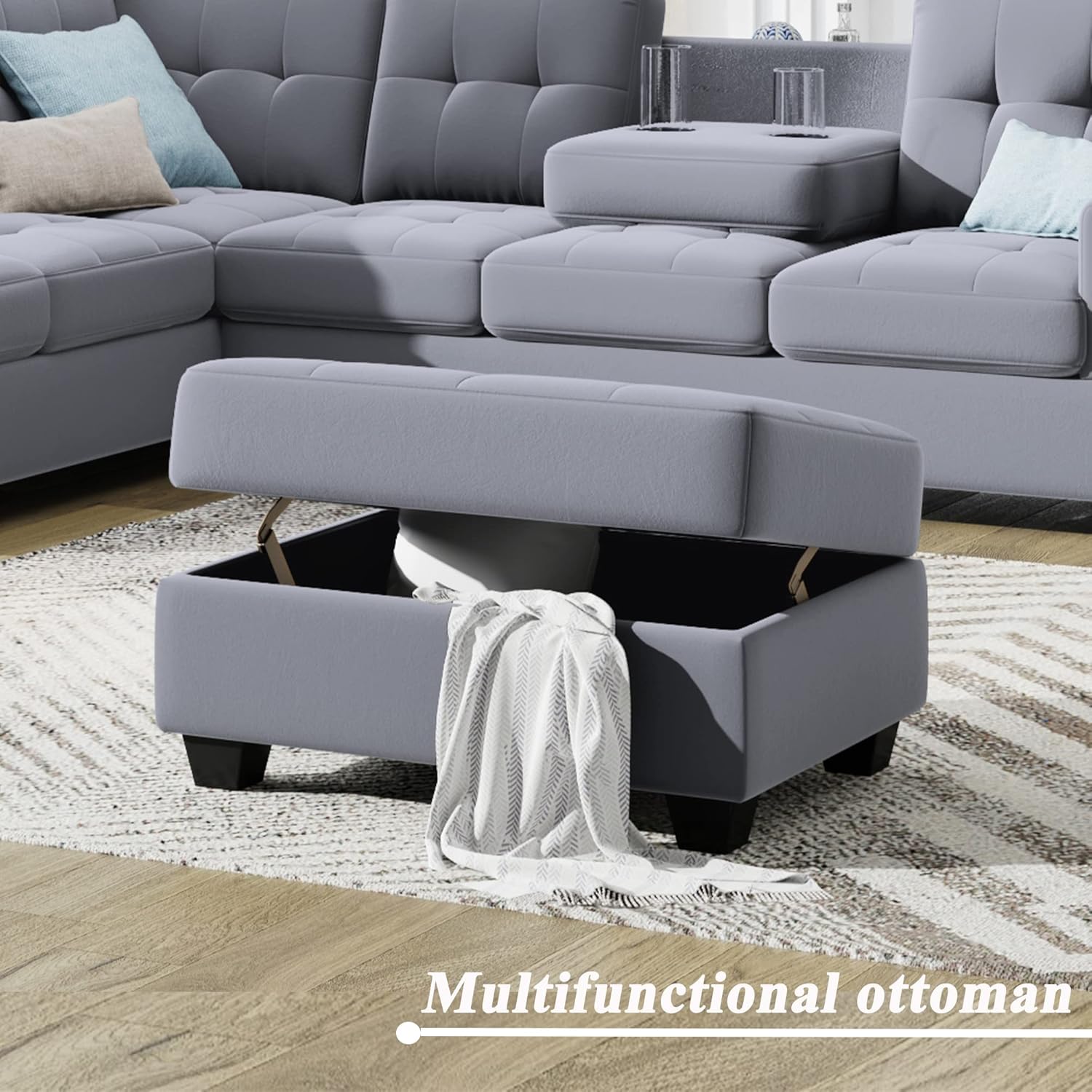 Linen Upholstered L Shaped Sofa Set with Ottoman, Light Gray S90313