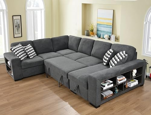 roomfitters 125'' U Shaped 7 Seat Sectional Sofa Couch with Storage, Light Gray J9659