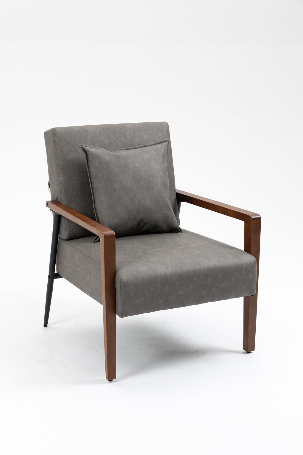 Mid-Century Modern Leather Armchair with Solid Wood Armrest S55508