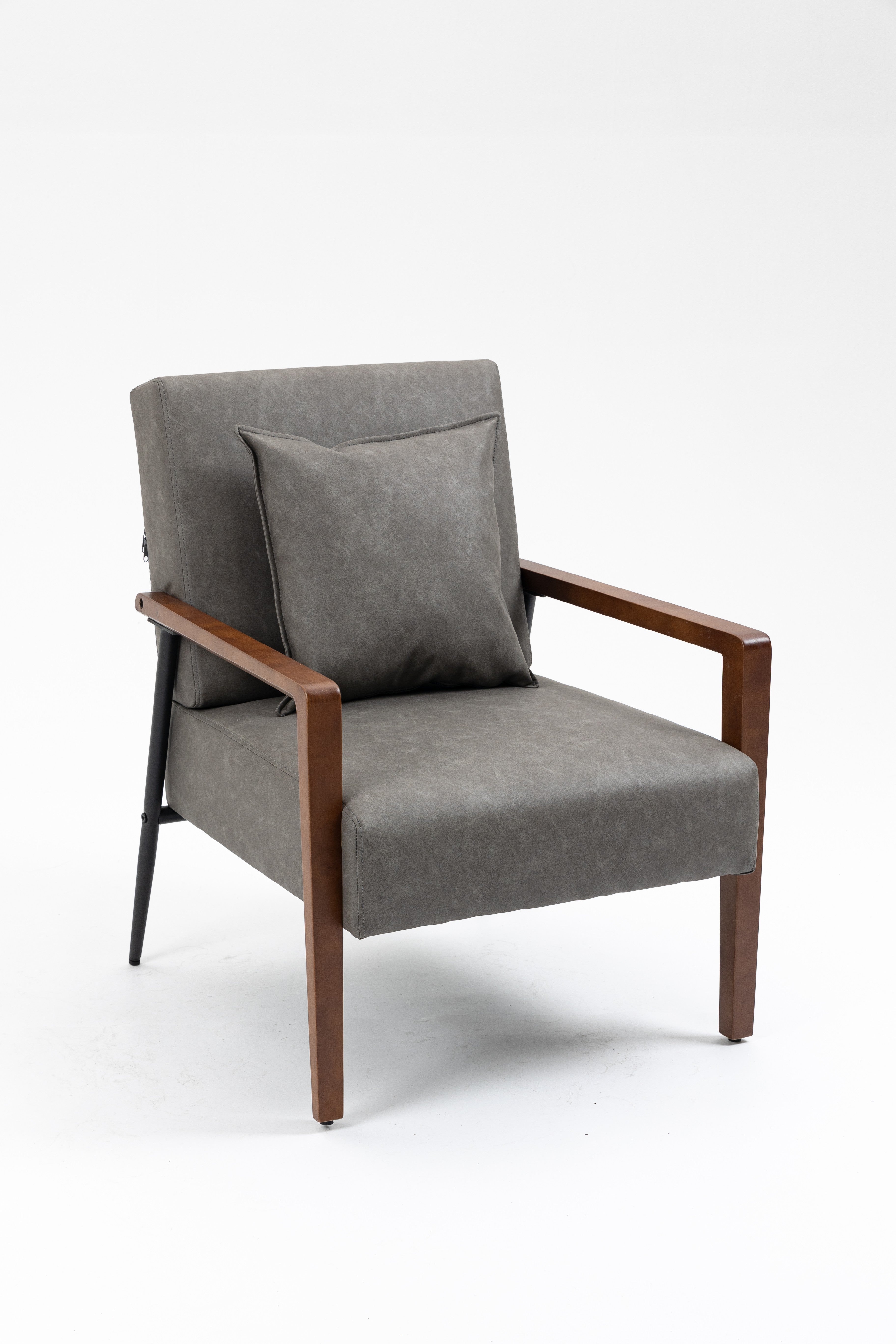 Mid-Century Modern Leather Armchair with Solid Wood Armrest S55508