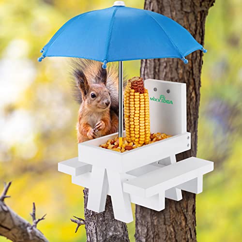 MIXXIDEA Squirrel Feeder Table with Umbrella, Wooden Picnic Table Feeder C6132