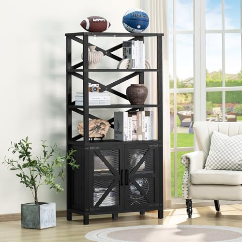 5 Tier Bookshelf 70" Tall Bookcase with Barn Doors, Blue (2PCS) L9935