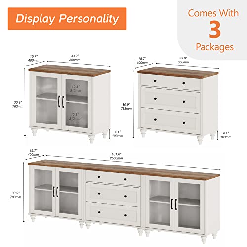 WAMPAT 3-in-1 Sideboard Buffet Cabinet with Storage, Glass Door & Drawer, Off White C496869