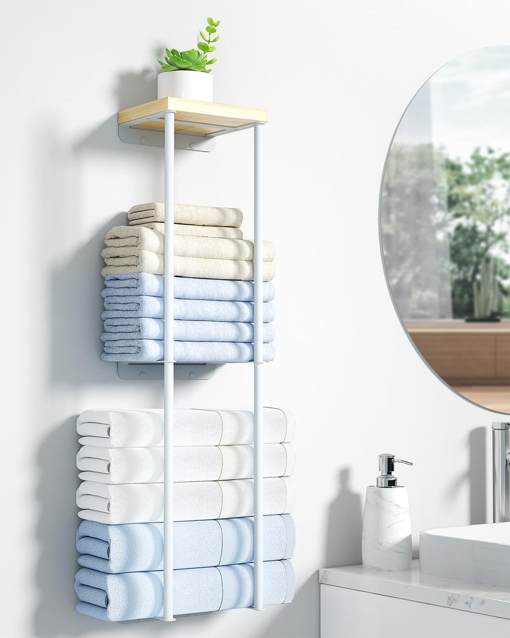 Towel Racks for Bathroom, 2 Tier Wall Towel Holder with Wood Shelf, Metal Wall Towel Rack Mounted Towel Storage for Small Bathroom (White)
