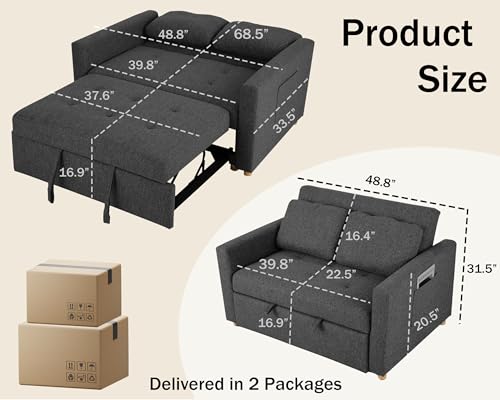 3-in-1 Convertible Sleeper Sofa Bed with Adjustable Backrest, Linen Fabric, Sky Blue K365