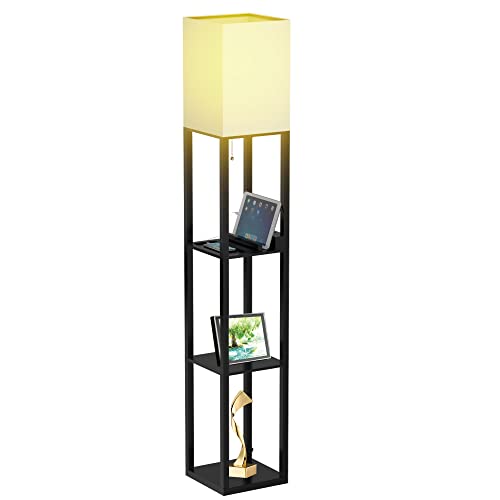 PAZZO Floor Lamp with Shelves, Solid Wood, 3 Color Temperature, Linen Shade, Bulb Included R3904