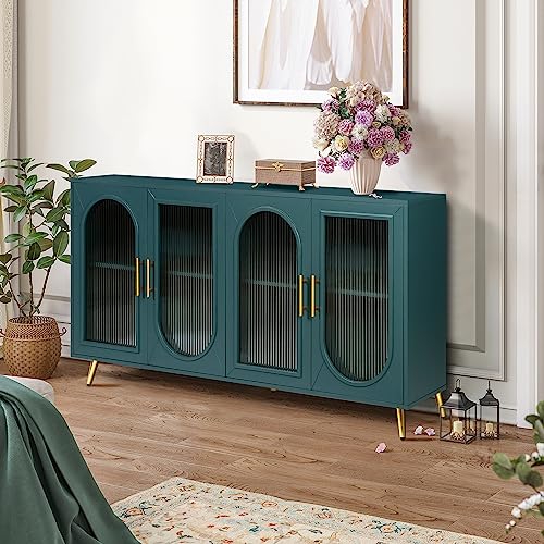 Modern 4-Door Wood Storage Sideboard Buffet Cabinet with Gold Metal Legs (Navy Blue) N18995