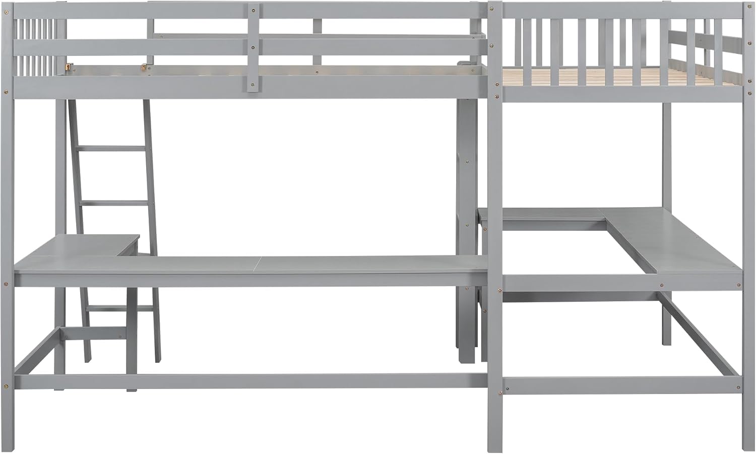 L-Shaped Double Twin Loft Bed with 2 Desks, Wood, Gray O422687