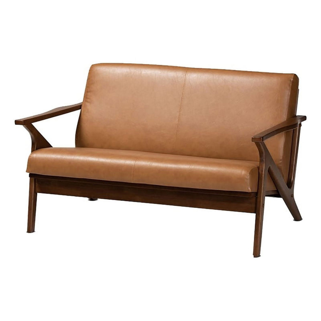 Bowery Hill 16.54" Mid-Century Wood/Faux Leather Loveseat in Walnut Brown/Tan