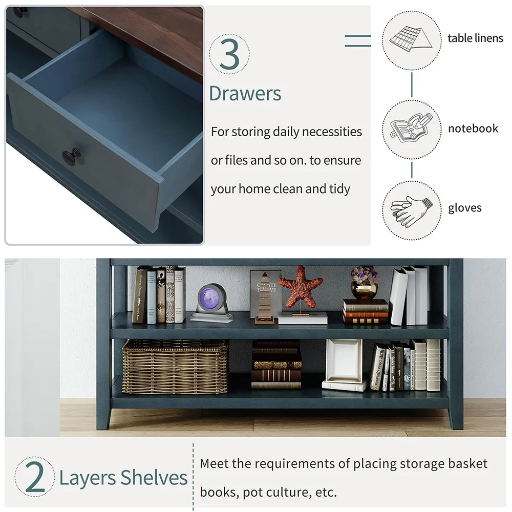 KAMIDA Storage Console Table with 3 Drawers and 2 Shelves, Navy Y382