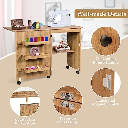 COSTWAY Folding Sewing Table with Shelves and Lockable Wheels I6331