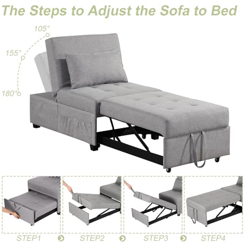 4 in 1 Convertible Sofa Bed Chair with Ottoman, Linen Fabric, Adjustable Backrest C365