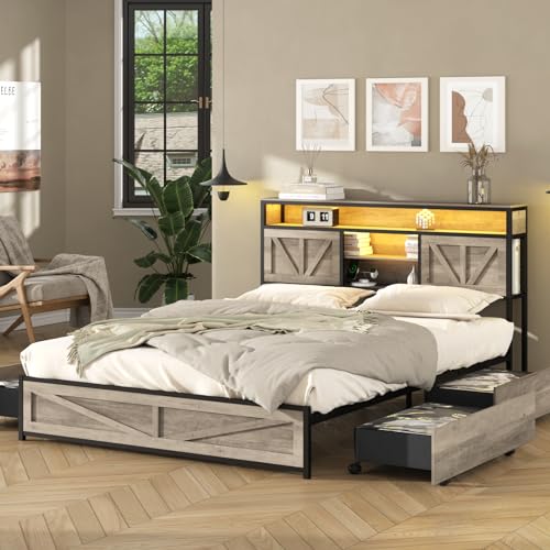 Queen Size Bed Frame with Charging Station and 4 Drawers, Wash Grey F262655