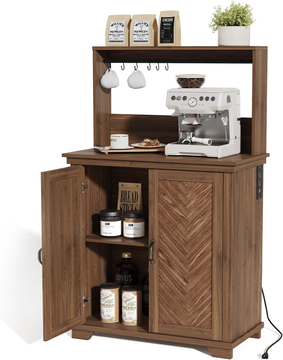 Walnut Farmhouse Coffee Bar Cabinet with Charging Station O887