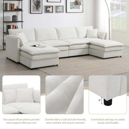 Modular U-Shaped Sectional Sofa with 2 Ottoman, Chenille, Cream F2854