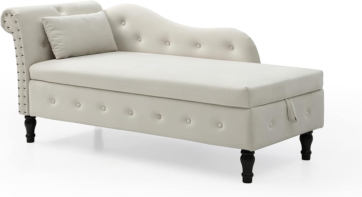Velvet Chaise Lounge Chair with Storage and Pillow, Beige R1401
