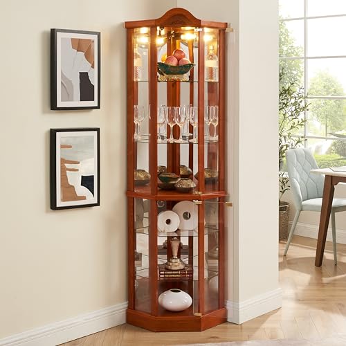 Lighted Wooden Corner Curio Cabinet with Mirrored Back Panel, Oak G629