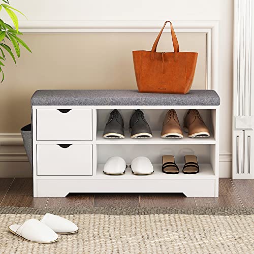 WellFurGeer Shoe Bench Entryway with Storage, Cushion, Brown + Gray N641800