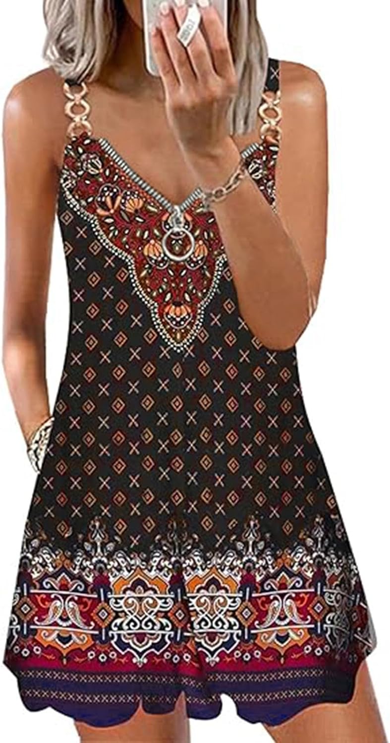 Women Boho Floral Print Sleeveless Sundress with Pockets V7437