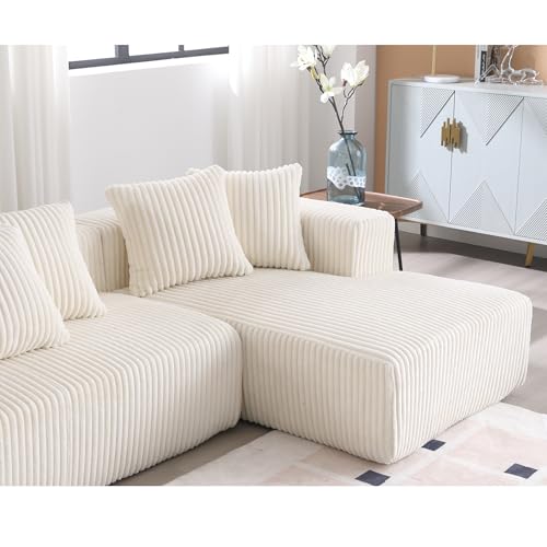 Modular Sectional Couch U-Shaped Sofa with Chaise Lounge, Striped Corduroy, White A846