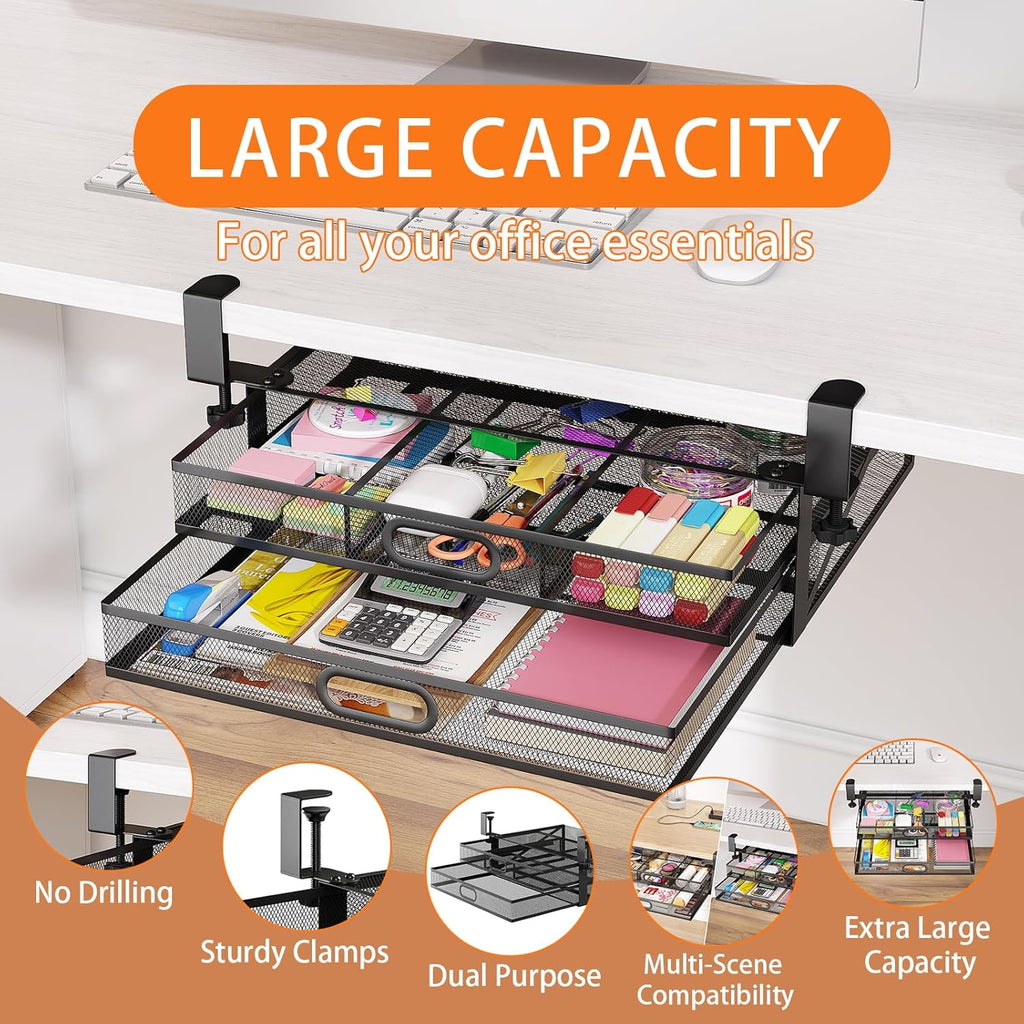 Under Desk Drawer Organizer No Drilling Metal 2 Drawer Slide Out Clamp On Z48397