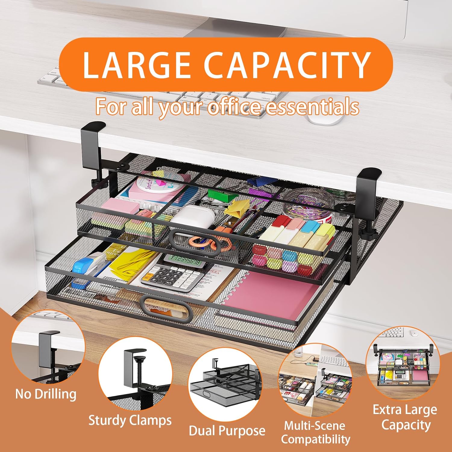 Under Desk Drawer Organizer No Drilling Metal 2 Drawer Slide Out Clamp On Z48397