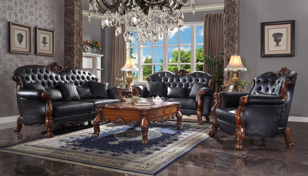 Luxury Vintage Cherry Oak & Black PU Dresden Sofa Set 3 P 58230 ACME Traditional