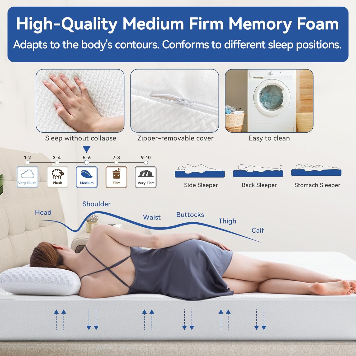 Memory Foam Mattress Full Size 10 Inch, Cooling Gel Medium Firm, Made in USA B653