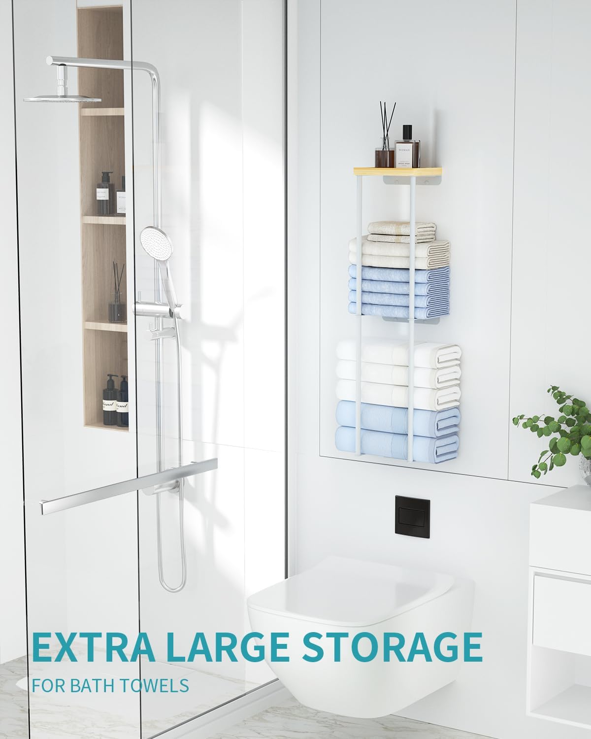 2 Tier Wall Towel Holder with Wood Shelf for Bathroom, White J676
