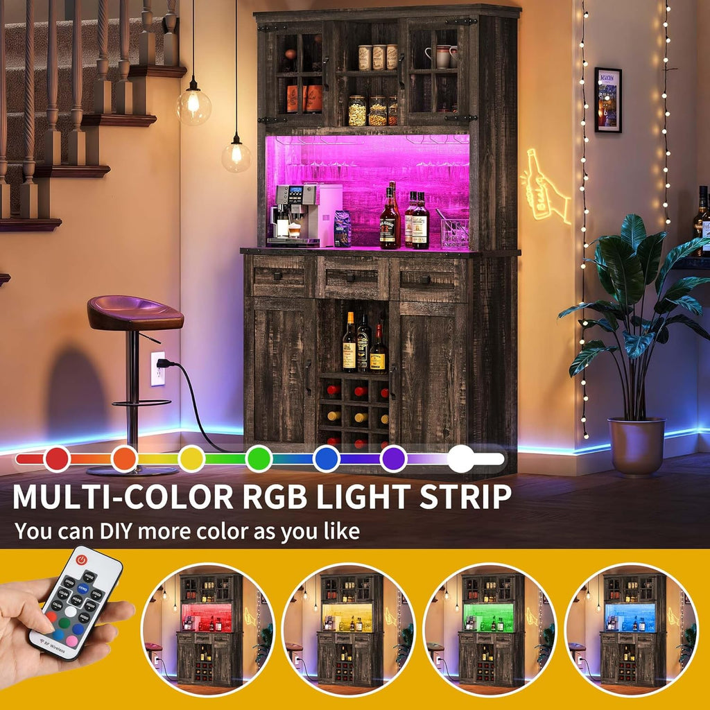 DWVO 72" Kitchen Pantry Cabinet with Lights and Power Outlet, Dark Rustic Oak M9731