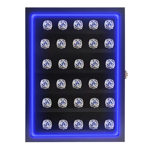 Championship Ring Display Case RGB LED - 30 Ring Glass Shadow Box with Lock - Black L167598