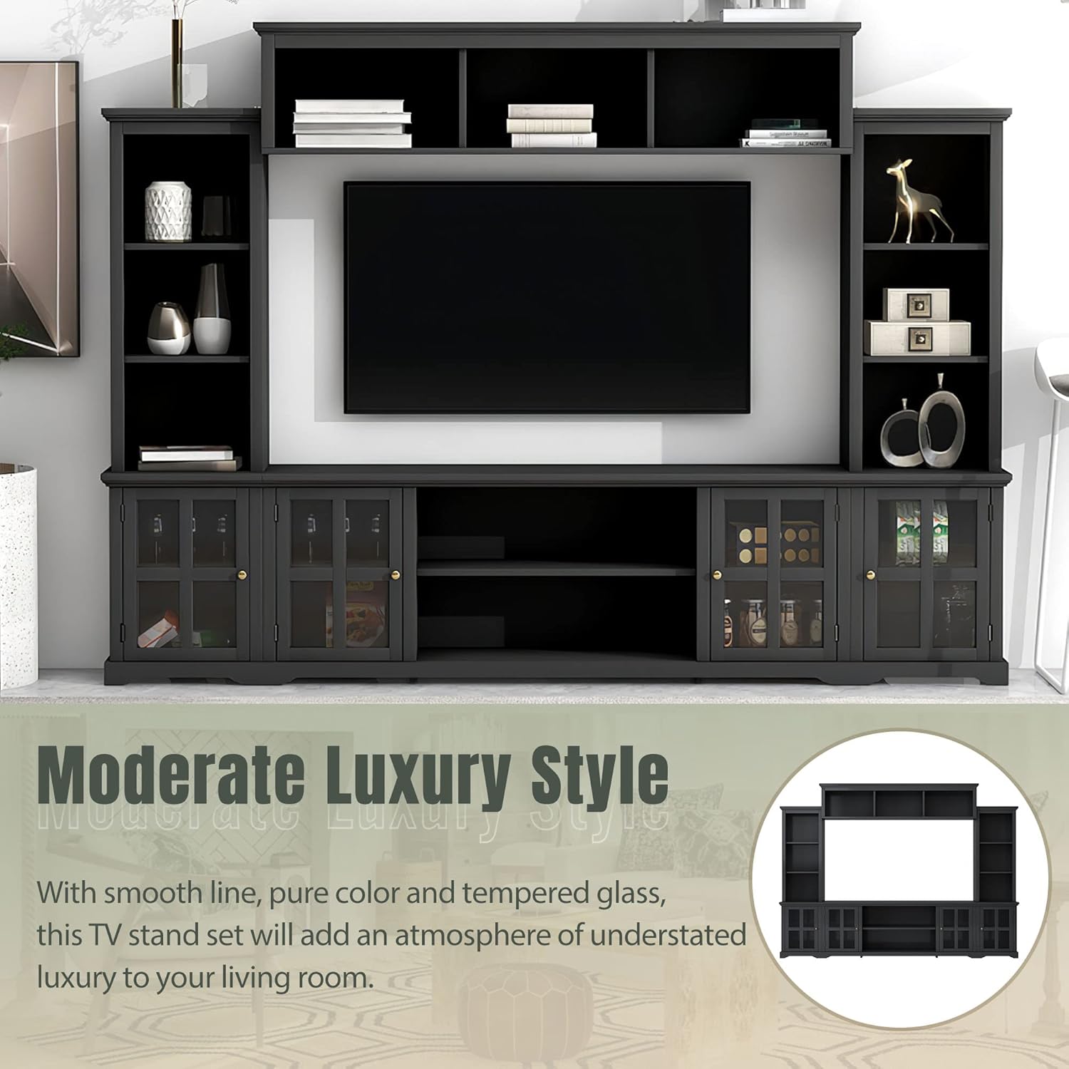 Entertainment Wall Unit with Bridge for TVs Up to 70", Black, 104 Inch W534004