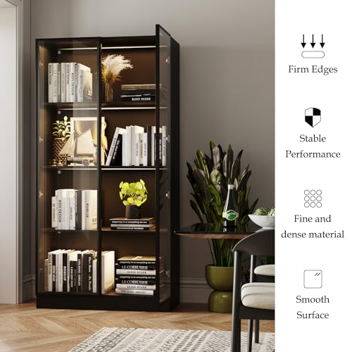 Display Cabinet with Glass Doors & Lights, 3-Tier, 2 Drawers, Black M7708