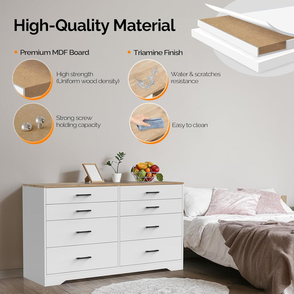 VINGLI 8 Drawer Dresser for Bedroom, White with Brown Top I1298