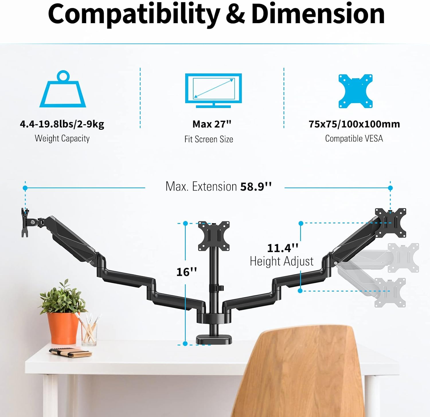 MOUNTUP Triple Monitor Mount Desk Stand for 3 Screens Up to 27 inch, Gas Spring, Heavy Duty J193