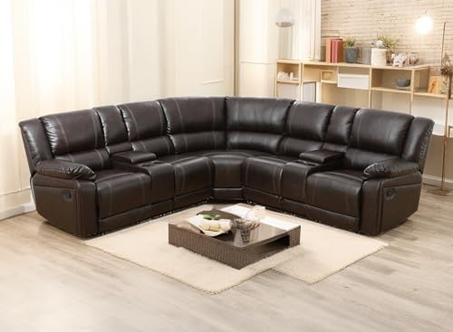 Manual Reclining Sectional Sofa with Double Recliners Leather L-Shaped Reclining Sectional Couch Recliner Sofa with Chaise,5 Seater for Living Room
