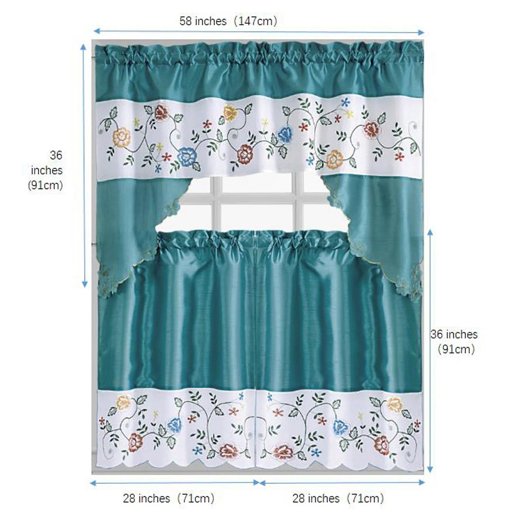 Flower Embroidered 3-Piece Kitchen Curtain Tiers & Swag Set, Turquoise, 58x36 & 28x36 inches Q716679
